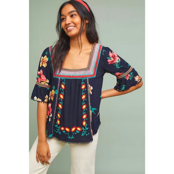 Anthropologie Tops - By Anthropologie Dakota Embroidered Square Neck Floral Boho Top Blouse Navy XS